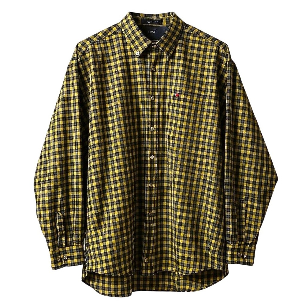 Tommy Hilfiger Mens Button Down Shirt Large Yellow Navy Plaid Long Sleeve Cotton